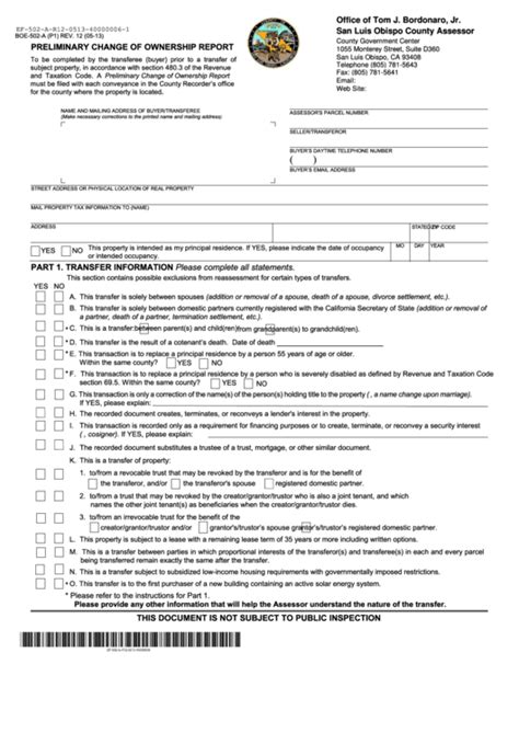 <b>Preliminary Change of Ownership Report</b> (PCOR) - BOE <b>Form</b>: 502-A State law requires new homeowners and anyone else named as holding an interest in real property to file a PCOR with the <b>County</b> Recorder's Office at the time of recording any deed. . San joaquin county preliminary change of ownership form